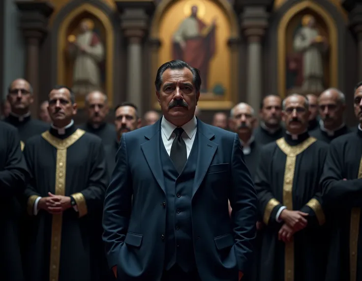  60-year-old man , Italian, black hair and mustaches, dark environment, blue suit dress, In the midst of several priests in a Catholic church 