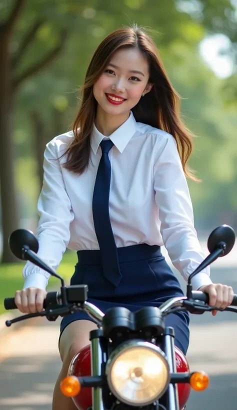 Realistic photograph of full body of a beautiful young girl , wide angle view, looking at viewer, makeup, blush, red lipstick, white shirt long sleeve, navy blue necktie, navy blue short pencil skirt, black high heel shoes, smile expression, riding on moto...