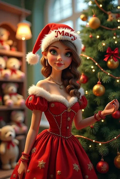  Create an image of a woman dressed in a red Christmas dress , green and frizzy eyes ,   standing next to the tree with a Christmas hat that says Mary in a teddy bear store 