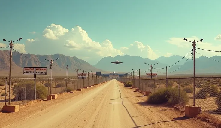 " A vast desert landscape with mountains in the background and a heavily guarded military base in the center.  There are fences with barbed wire , Restricted Zone warning signs in Spanish and English and security cameras pointing in all directions. in the ...