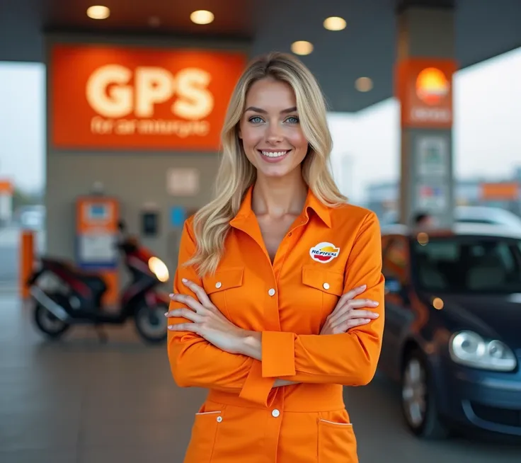 A Russian woman full body thin big breasts light blue eyes pretty blonde hair smiling wears an orange uniform as a fuel supplier Repsol has been showing a large sign inside she says {GPS for cars and motorcycles  }  in the background a modern car and a Rep...