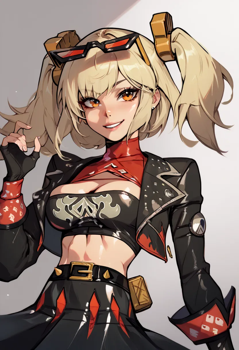 Character:

Burnice_ZZZ, blonde hair, orange eyes, two side up, short twintails, hair ornament, eyewear on head, sunglasses, goggles,

Default Outfit:

crop top, tube top, black jacket, black thighhighs, cropped jacket, red shirt, cleavage cutout, long sle...