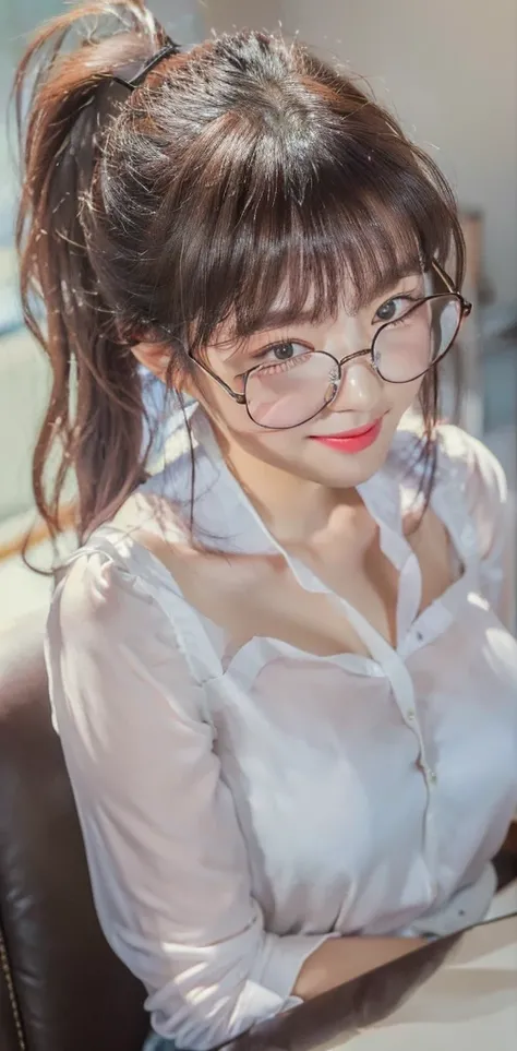 ((Best quality, 8k, Masterpiece :1.3)), 1girl, beautiful woman with emphasis on plump abs: 1.3, (dark brown hair, big breasts: 1.2), (white blouse, sitting on the chair :1.2), ultra-delicate face, delicate eyes, double eyelids, smile, office, glasses