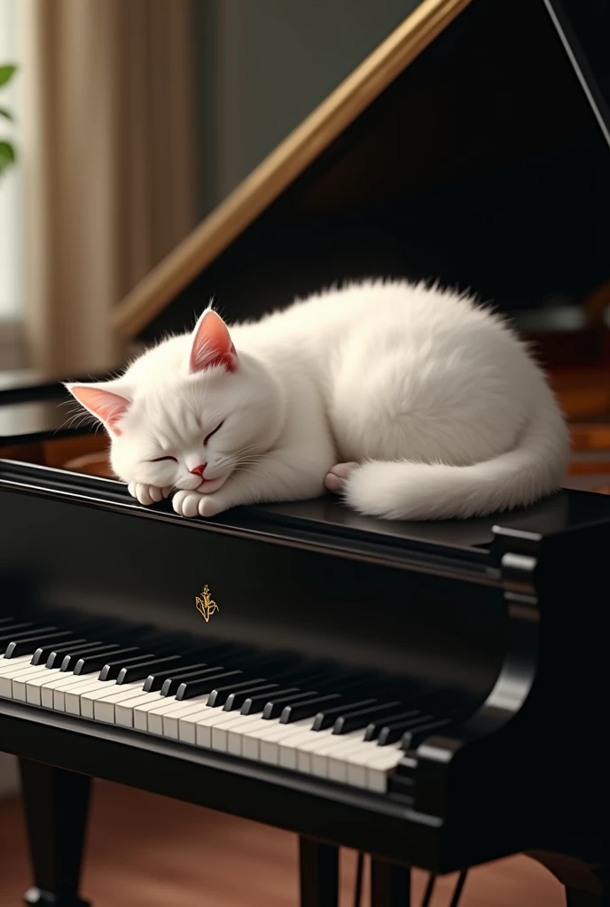 A white cat lying on top of a piano 
