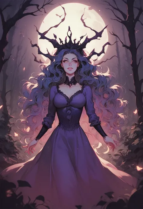 Woman with long wavy hair ,  wearing a transparent purple dress, new, whole body,  facing a dark entity , Slenderman, dark air, forest, night 