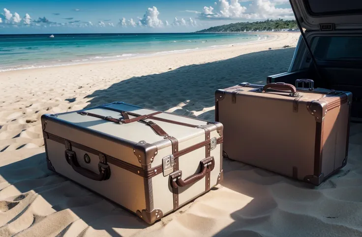 create realistic image of an  (( onboard suitcase)) with bottom on a beach , FULL HD