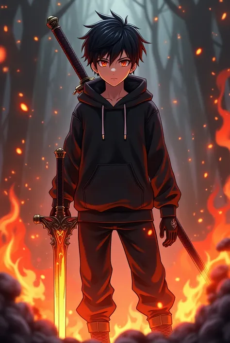 Orange-eyed boy black hair scattered fire magic sword on his back black and red with black hoodie with black gloves in anime style