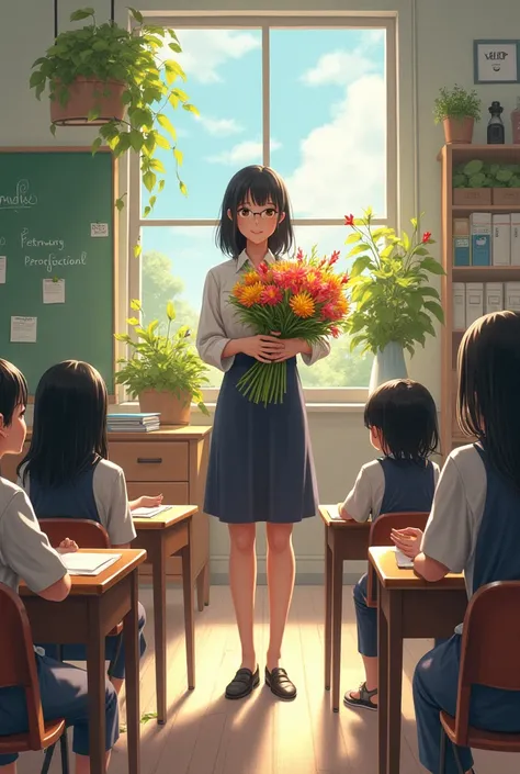 make a teacher facing the student and bring flowers that are in the classroom and there are no tables and chairs and make it in the style of makoto senji