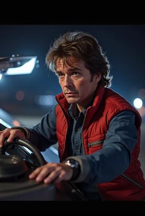 Marty McFly 36 ans brun avec la DeLorean de nuit avec le Overboard 