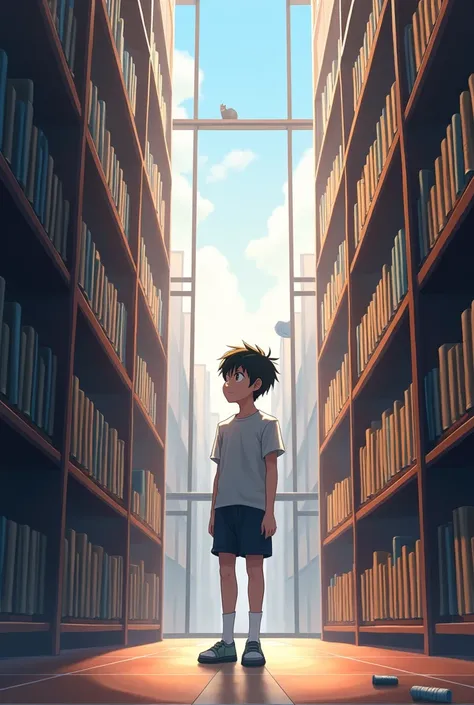 A anime high school boy go to an library