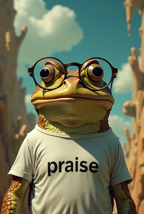 Surrealism, toad wearing tshirt with text "Praise ",  with thick glasses ,  like a Salvador Dali painting