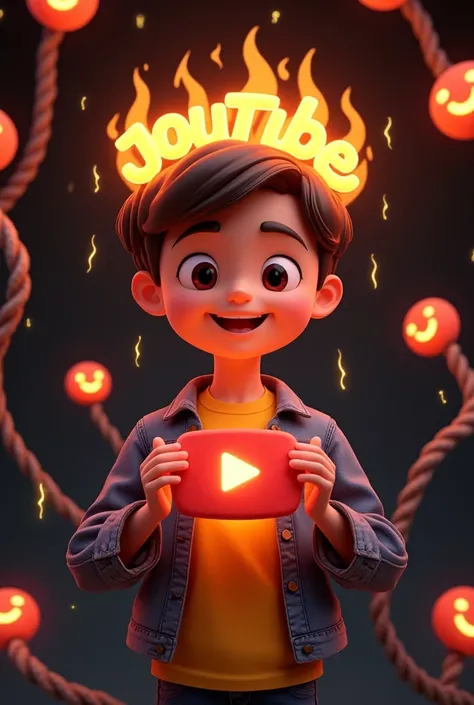 3D illustration of a man .
A boy must have a YouTube diamond play button in his hand. And the background must be black. There must be fire written on his head (Overacting Fire). Overacting This text must be there. And the boy must be 18 years old. On his f...