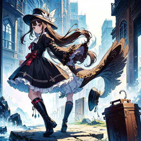 1girl,((( dynamic best composition 、 best quality、最高masterpiece、 Official Art、 super detailed、 high definition、))) outdoor background playing 1 cute girl 、Standing in front of the audience、masterpiece、 Official Art、 high waist 、Brown and dark brown houndst...