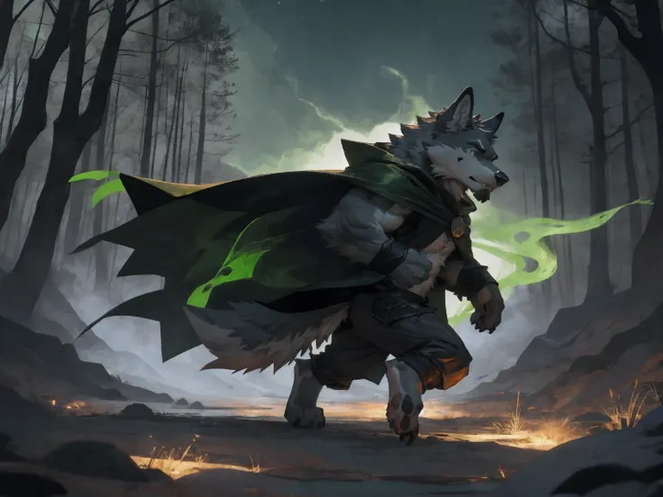 wolf, (gray fur:1.3), Endomorph, Handsome, elegant demeanor, calm expression, (barefoot:1.3), (deep black-green Arcane Light Cloak:1.3), masterpiece, (16K), HD, Various facial details, detailed background, very detailed, dynamic poses, Eyes details, high r...