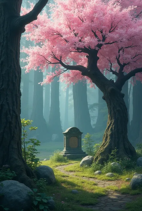 Enchanted forest where there is a cherry tree and a grave at its feet