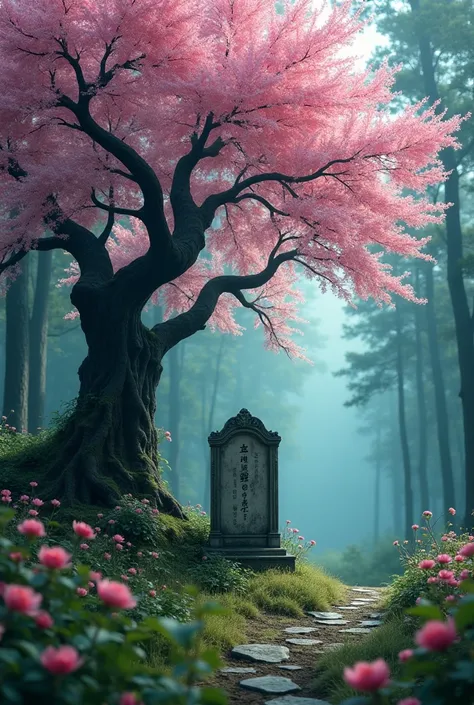 Enchanted forest where there is a cherry tree and a grave at its feet