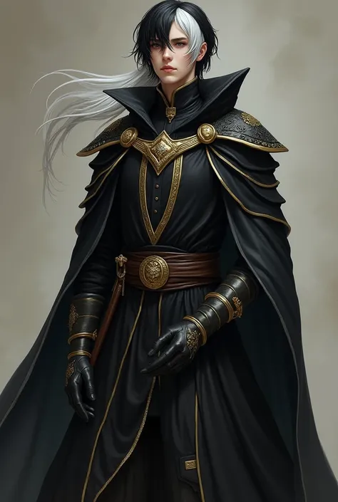 Wizard in black clothes with gold details, black hair and a white lock,  RPG character , cleric.