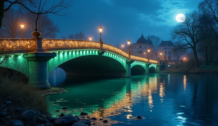  A bridge that crosses the citys calm rivers ,  ornamented with twinkling runes that glow softly under the moonlight.  Green and blue crystal lamps illuminate the paths ,  as pure water flows below , reflecting the lights of the sky .