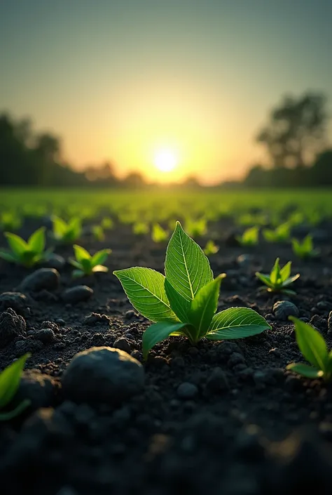 Colors: Deep black, white, and vibrant green.
Visual: A barren field in the foreground, with fresh green sprouts emerging. A radiant sunrise breaks over the horizon, symbolizing renewal.
Design: Dark, minimalist edges transitioning to soft green accents, s...