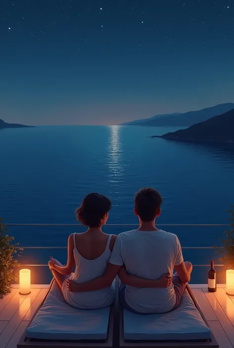 
A married couple lying on the lounge chair on the terrace of their room, gazing at the Aegean Sea at night. The woman is seven months pregnant, with short hair.