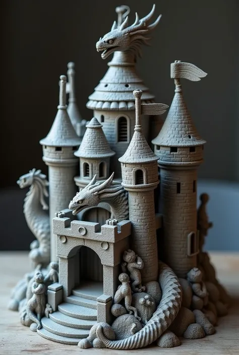 A small toy castle with wingless dragon printed in 3d, monochrome, stone and wood many details , 