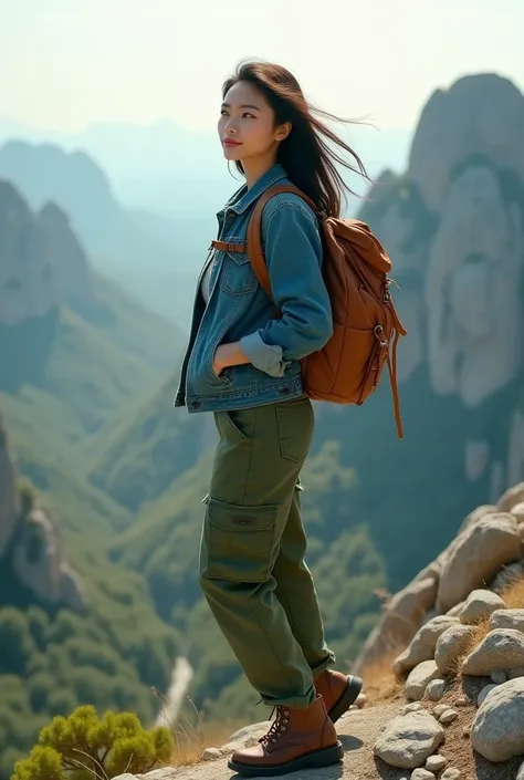 realistic image of a beautiful 27 year old woman Asia wearing a green jeans jacket and long cargo pants on her back carrying a backpack standing on a rocky hill in the background bokes