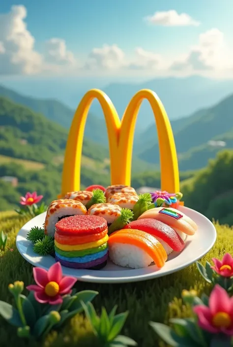 LGBT logo image with Bullet Fini together with sushi next to MC Donalds in landscape position