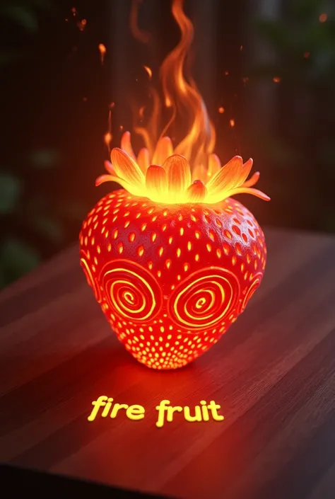 A strawberry made of fire with spiral designs on the skin, On the table. With text underneath "FIRE FRUIT".