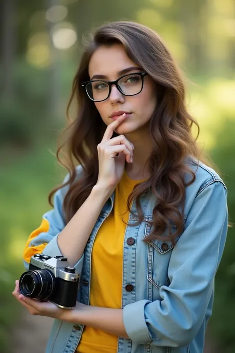 Image is a portrait-style photograph featuring a young woman with fair skin and long, wavy brown hair. She is wearing black-rimmed glasses and a casual outfit consisting of a yellow shirt and a light blue denim jacket with yellow accents on the sleeves. Th...