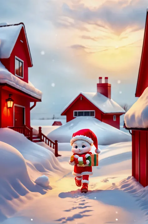 Cute bunny dressed as Santa in Christmas clothes carrying red bag with lots of presents, walking on the roof of house with snow