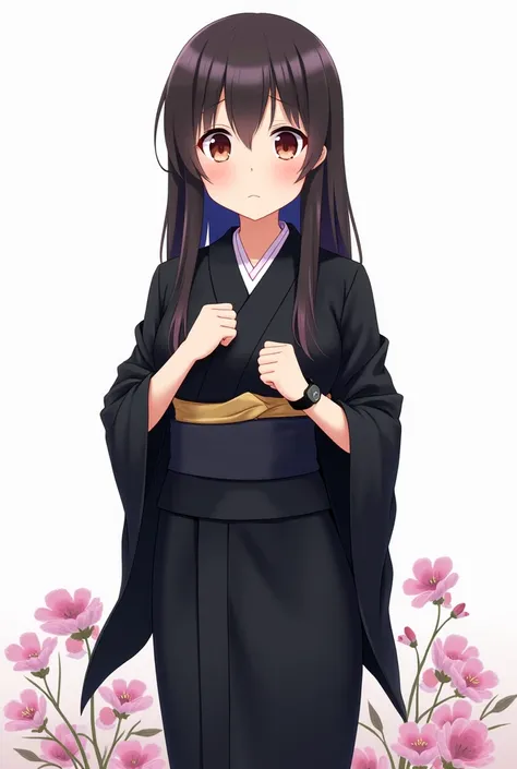 Anime girl with black yukata and with worried flowers and with a white background and a full body and with pink nails and a black watch with her fist on her chest with an emotion of nervousness and with an expression of concern 