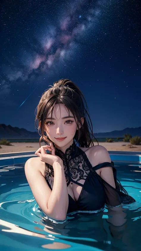 (A woman swimming in a rubber die pool),
(in the desert),
((the horizon)),
((midnight, night sky)), ((starry sky)),

(Loose ponytail, messy hair), 
(kind smile), 
looking at the camera,
perfect face, detailed face, beautiful face,

masterpiece, best qualit...