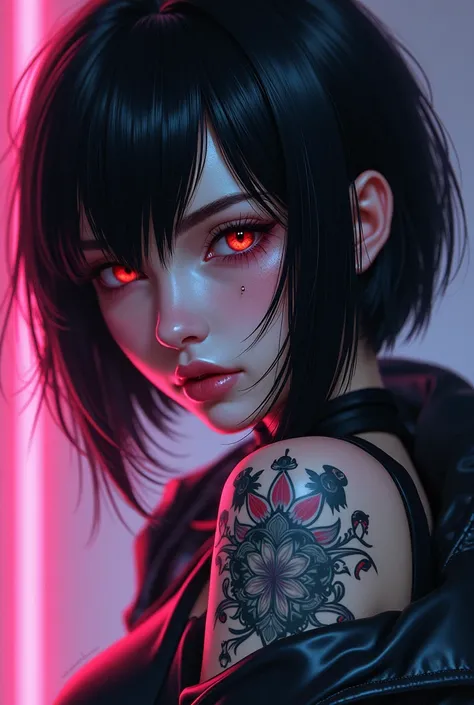 a close up of a woman with a tattoo on her arm, jet black haired cyberpunk girl, portrait of jinx from arcane, commission for high res, painted in anime painter studio, oc commission, portrait knights of zodiac girl, artgerm portrait, female cyberpunk anim...