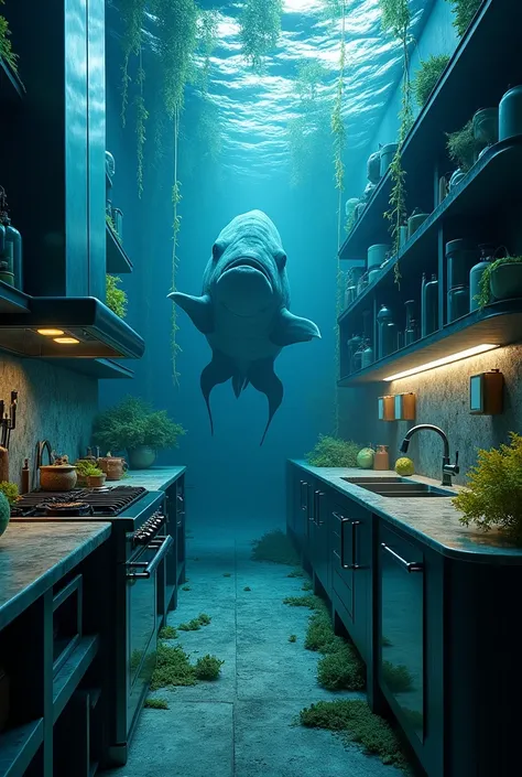  a kitchen  ,  in the deep sea , realistically,  passing an abyssal fish over the ,  has to look like a real photo,It has to look like its inside a house, Make it seem more realistic