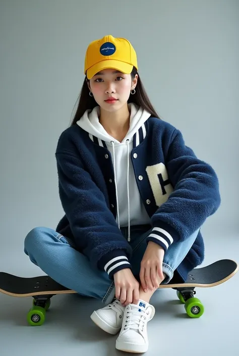 A Korean woman in casual style wears a dark blue fluffy varsity jacket with white accents, white hoodie ,  and a bright yellow baseball cap with a blue round symbol in front of it .  He is sitting casually while holding a skateboard with bright green wheel...