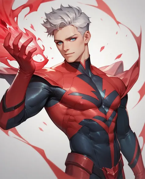 (masterpiece), best quality, perfect face, White 60 White Male with Silver Hair, Blue eyes, Grey and red only superhero suit with crimson energy coming out of his hand. 