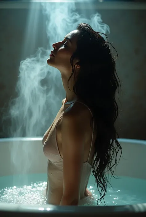 A woman standing on her back taking a hot bath ,  the water vapor in her big, wet black hair 