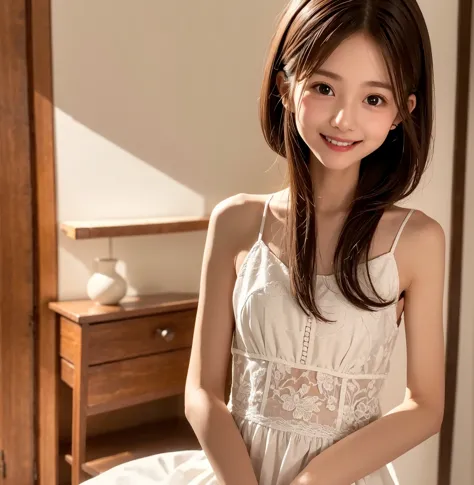 maid,cute pretty girl,masterpiece,high definition,4k,8k,16k,chignon hair,brown hair,skinny,thin body,smile