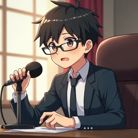 An anime-like drawing of a handsome boy with glasses who is the mayor of a town is speaking into a microphone from his office so that the people in the town can hear him through the loudspeakers in a concentrated and serious way ADULTOO 