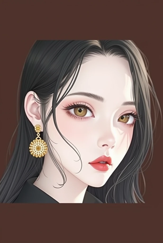 woman, Hazel eyes, red mouth,  dark black hair ,  perfect white skin soft realistic soft, earrings and gold , black dress,