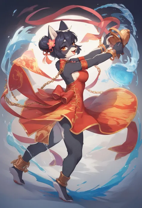 movie poster, movie artwork, concept art of love, romance novel cover, highres, top quality, best quality, perfect artwork, absurdres, perfect anatomy(1woman in Chinese dress)(furry, kemono, anthro)with some elements of 007, battle, full body, dancing pose...