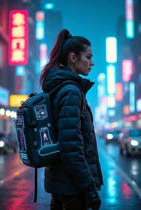 a woman time traveler from the year 2070, detailed cyberpunk outfit, futuristic backpack, holographic display, neon cityscape, cinematic lighting, vivid colors, dramatic pose, (best quality,4k,8k,highres,masterpiece:1.2),ultra-detailed,(realistic,photoreal...