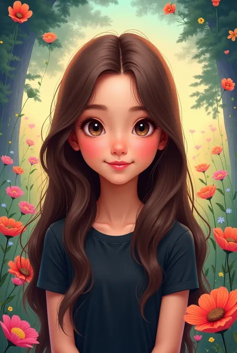 Disney cover with girl with straight brown hair ,  long hair and brown eyes with black t-shirt