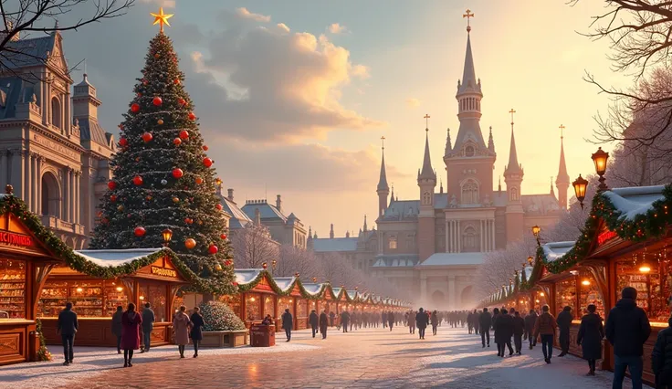 A large square with a large Christmas tree and a Christmas market, with no people during the day on a sunny day with the sun.