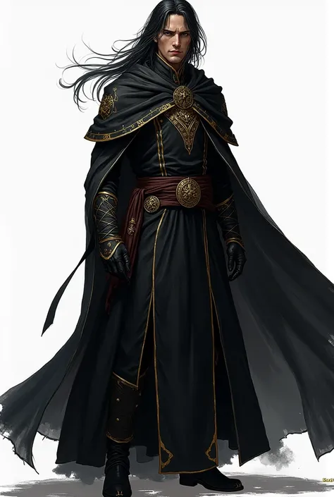  male character, Wizard in black clothes with gold details, black hair and a white lock,  RPG character , cleric, elfo.