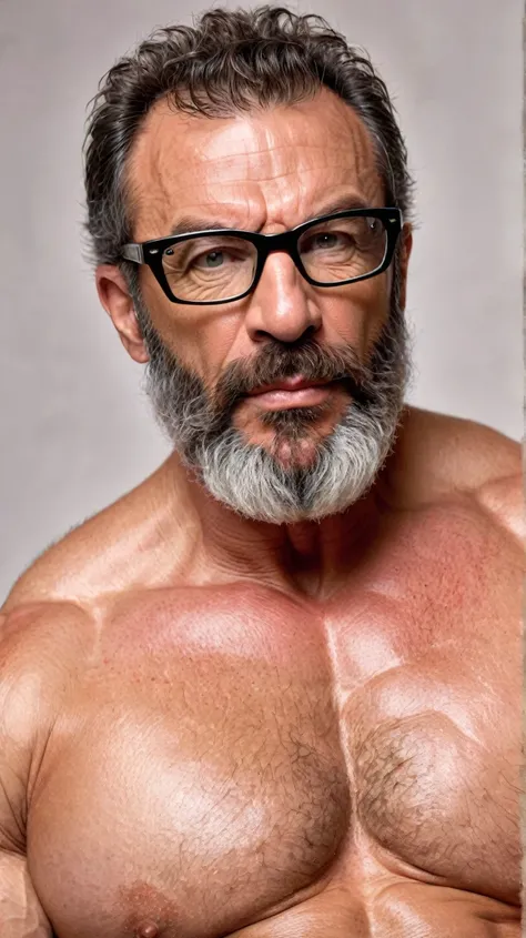 Hairy masculine muscular middle-age man, shirtless, reading glasses, hairy aerola, proturding nipple, exposed thick hairy chest.Looking at viewer, High Resolution, red shiny thick lips.