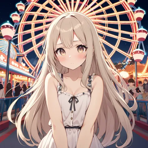 Master piece, High resolution, 1girl, solo, lazy cute woman, fluffy beige long hair, beige eyes, shameful face, real body, date, theme park, Ferris wheel, pale color, night, illumination, kawaii,