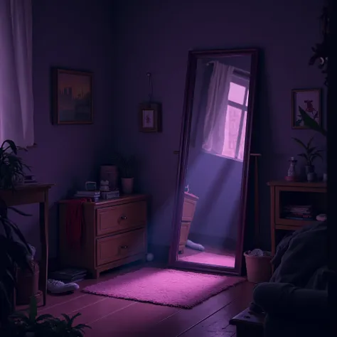 Mirror in a dark purple room that gets the night light on the window, without people. That the room is a little cluttered with the theme of the album GUTS by Olivia Rodrigo