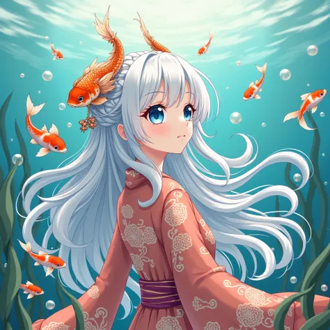 A Japanese anime-style illustration depicting a beautiful girl with blue eyes and layered dragon horns. Her long white hair is intricately intertwined with goldfish, creating a mesmerizing effect. She wears a coral-colored Chinese Hanfu robe adorned with i...