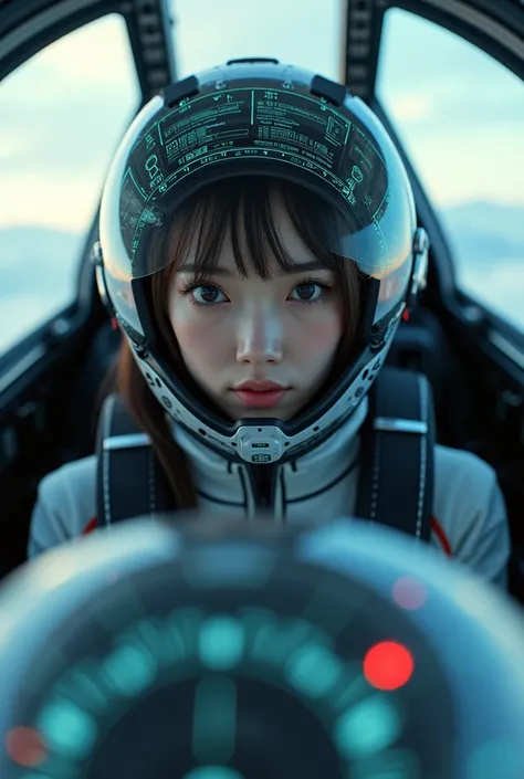 Ultra-realistic、Photographically、 beautiful Japanese woman sitting in front of fireplace 、 clear white skin、 cockpit of the latest military fighter 、 flying in the sky、masterpiece、Focus on face 、 detailed information is displayed on all surfaces of the hel...